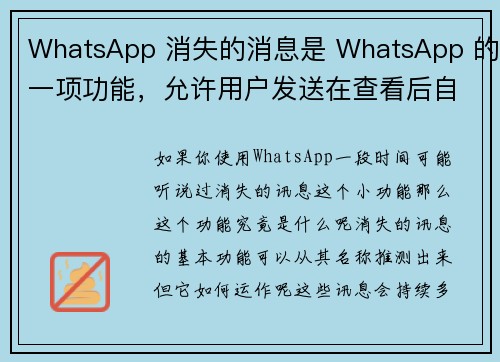 WhatsApp 消失的消息是 WhatsApp 的一项功能，允许用户发送在查看后自动删除的消息。这
